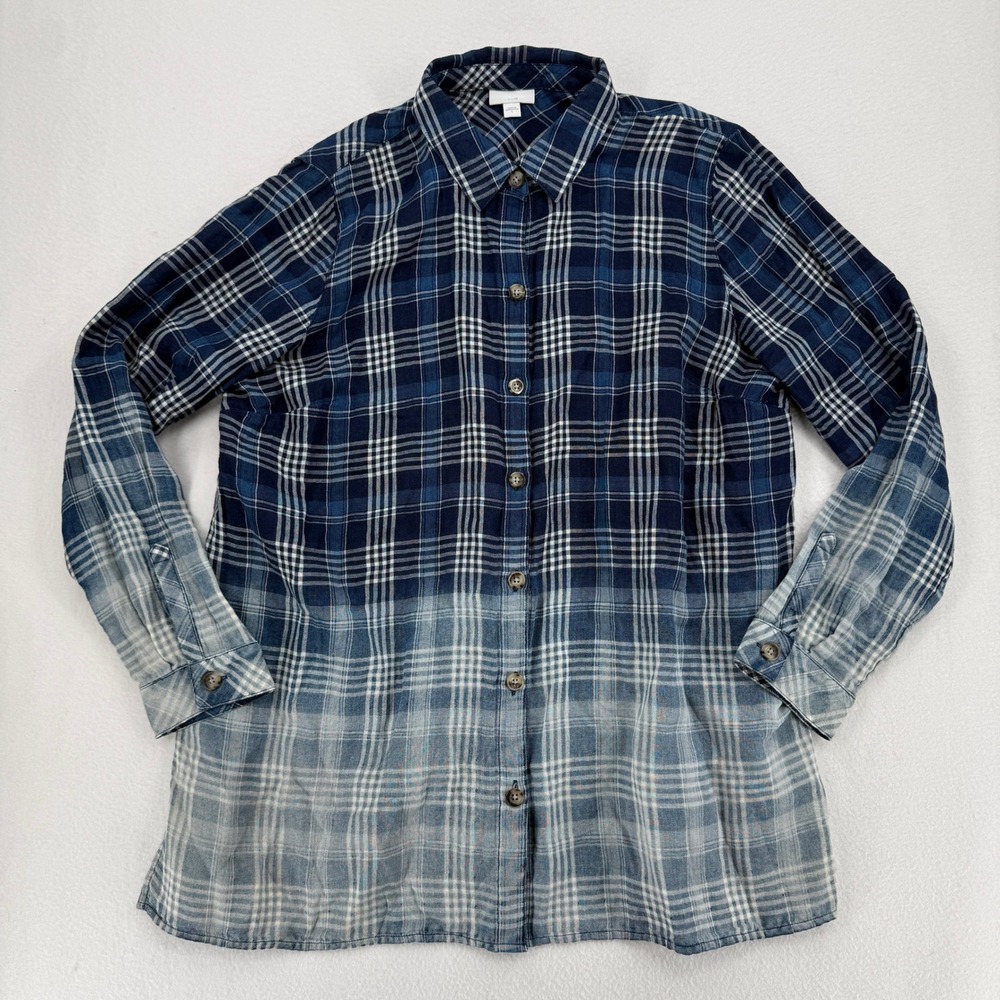 J Jill Plaid Button Down‎ Shirt Womens L Blue White Ombre Indigo Cotton 247311